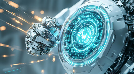 A futuristic robot arm reaching for a glowing energy shield. This could be used for a tech company's product launch or a science fiction book cover.