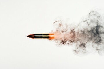 A bullet in motion with smoke trailing behind it against a plain white background in a studio setting