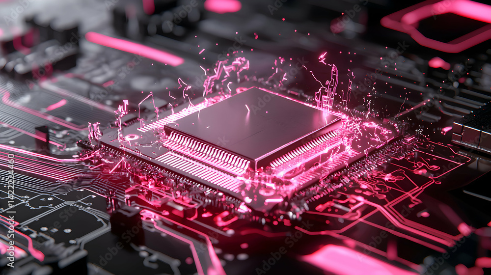 Poster a close up of a central processing unit with pink light effects. suitable for tech news articles or 