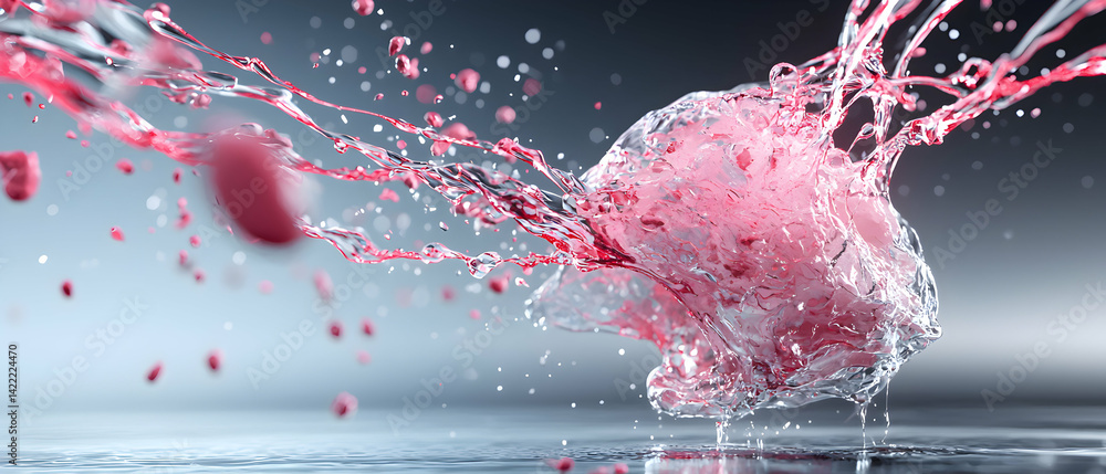 Poster a dynamic abstract image of liquid and pink elements splashing. perfect for beverage branding or art