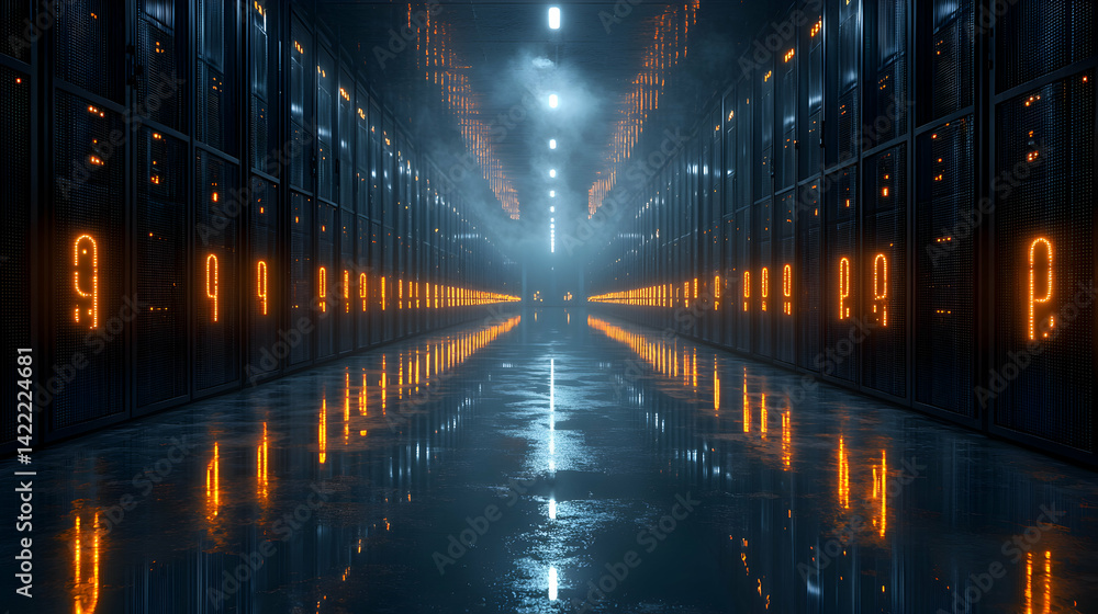 Poster a futuristic data center hallway glows with digital displays. perfect for tech startups or server ro