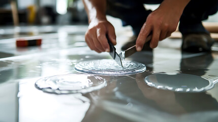 Obraz premium Craftsman Cutting Circular Glass Pieces