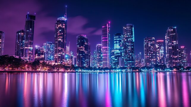 city lit up with neon lights in the dark of night 