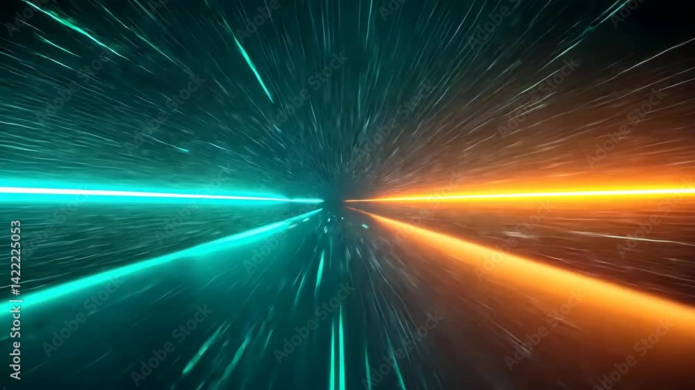 Poster futuristic digital tunnel animation with colorful glowing light trails streaming, fast hyper speed t