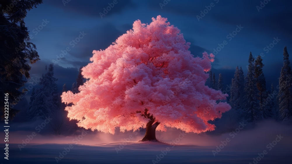 Poster large pink tree stands in a snowy field. the tree is surrounded by trees and the sky is cloudy. the 