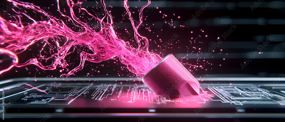 Poster abstract art shows a pink liquid exploding from a cylinder on a circuit board. it could represent en