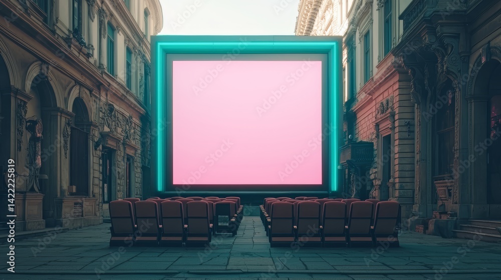 Aufkleber large screen is set up in the middle of a city street with empty seats. the empty seats and the neon