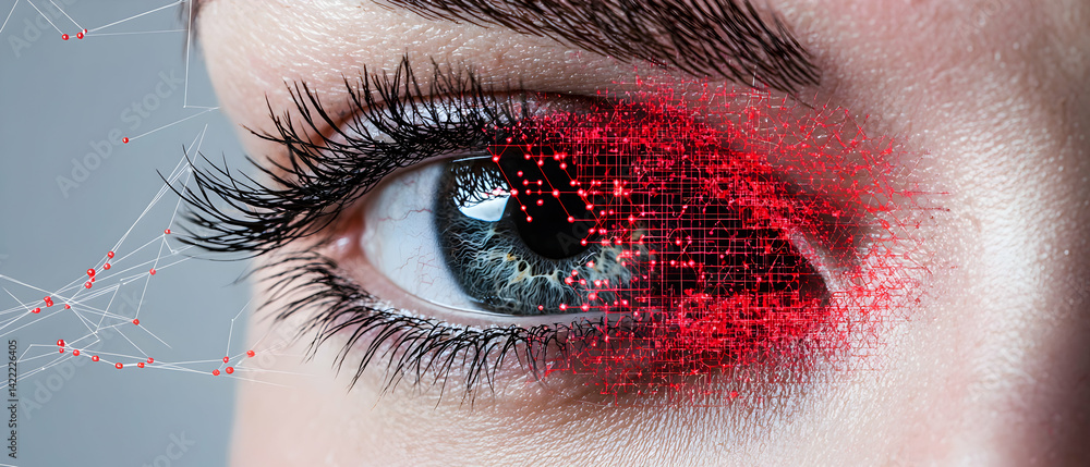 Poster this image depicts a close-up of an eye with a digital overlay. it suggests concepts of technology s