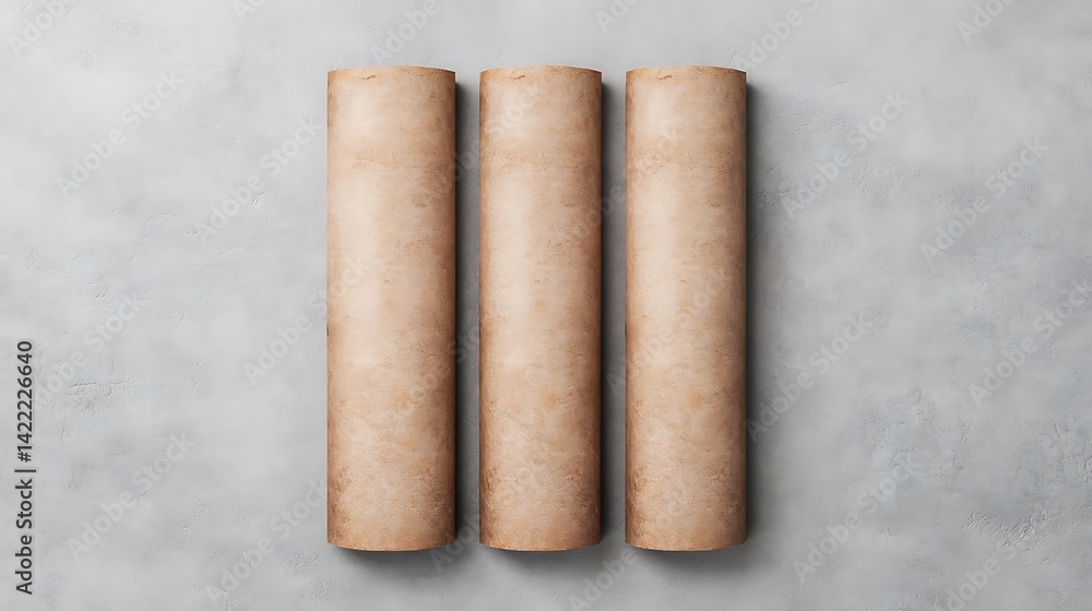 Poster three textured paper rolls on a neutral background, ideal for abstract projects and showcasing creat