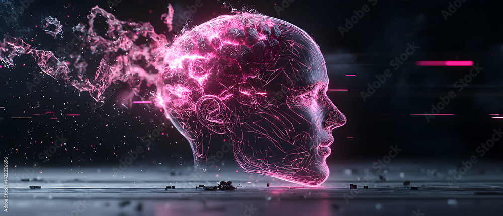 Poster a glowing human head in profile suggests ai or digital consciousness. it could be a tech startup's b