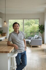 Fototapeta premium Middle-Aged Japanese Man in Grey Polo Shirt and Jeans Posing Comfortably in Foreground