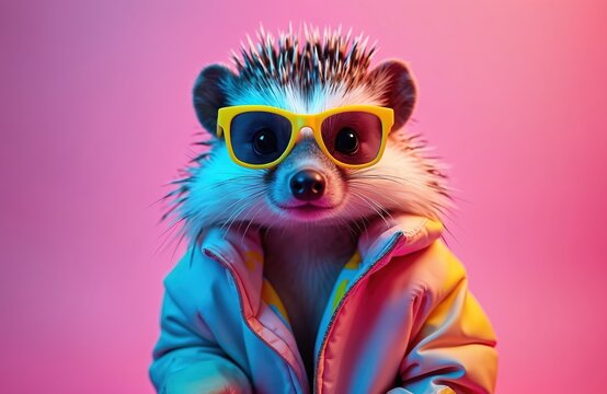 Cute hedgehog wears yellow sunglasses and pastel jacket, stands on pink background. Trendy, fashionable, hipster style, confident look. Cool artistic pop design for kids, teens, fashion.