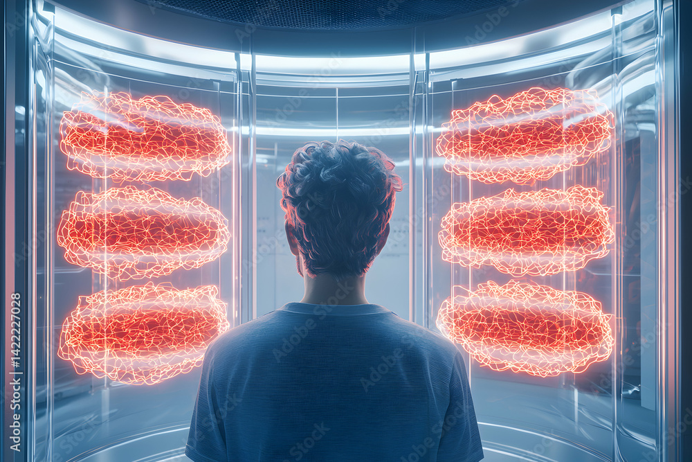 Aufkleber a person observes glowing red energy forms in a futuristic lab. this image might represent advanced 