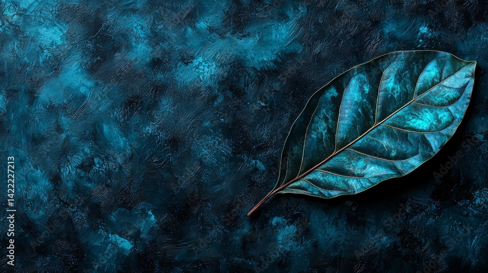 Poster leaf is placed on a blue background, creating a serene and calming atmosphere. the leaf is the main 