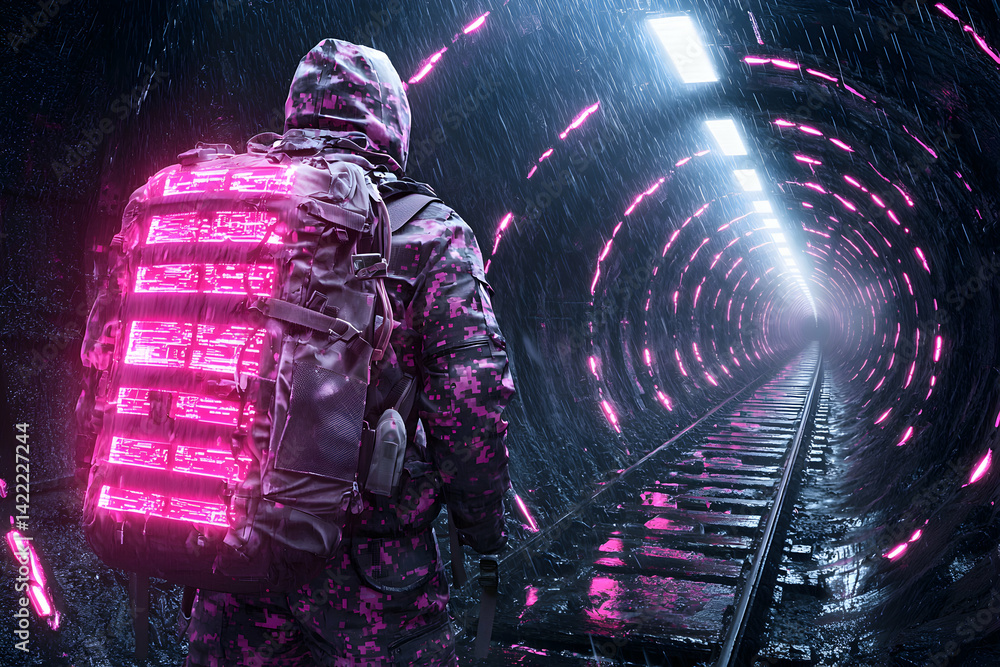 Poster a futuristic figure in a tunnel with neon accents explores a dystopian landscape. possible concept a