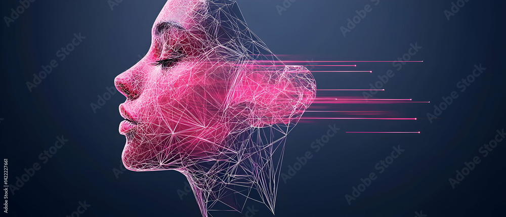 Poster an artistic depiction of a woman's profile. the face is outlined with a network and glowing pink col