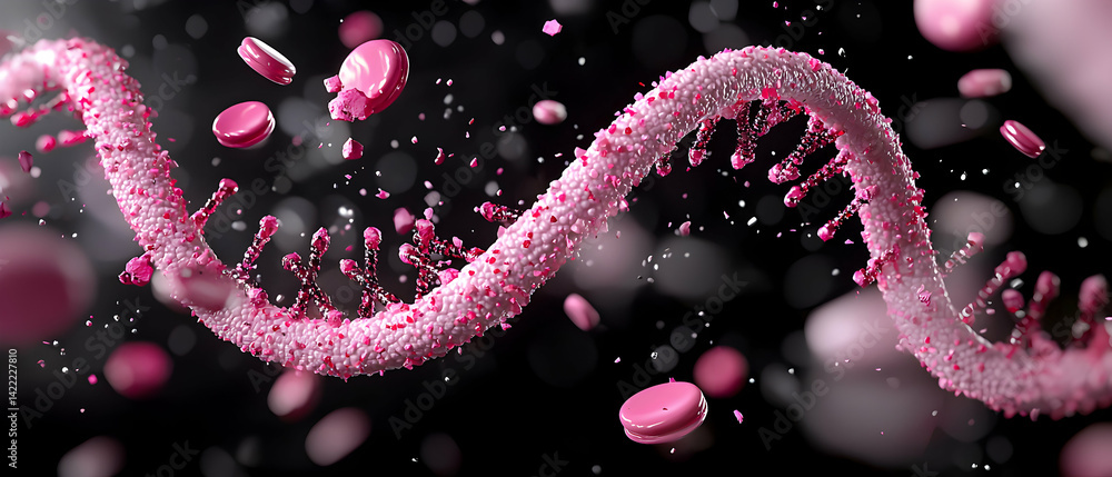 Poster a vibrant depiction of a dna helix with floating components in a pink and dark color scheme. use thi