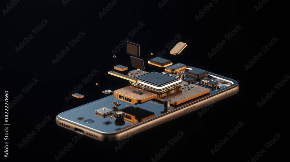 Poster exploded view of modern smartphone revealing internal components and technology