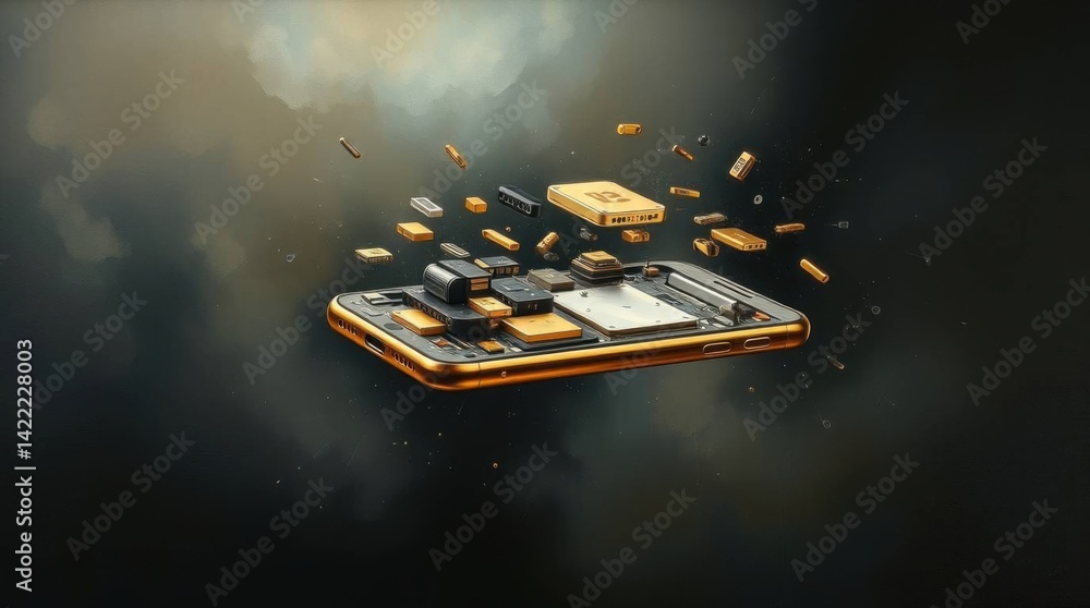 Poster exploded view of modern smartphone showcasing internal components design