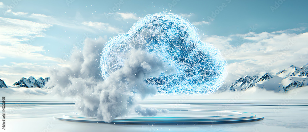 Poster a digital cloud concept in a mountainous landscape. suggesting secure data storage and network conne