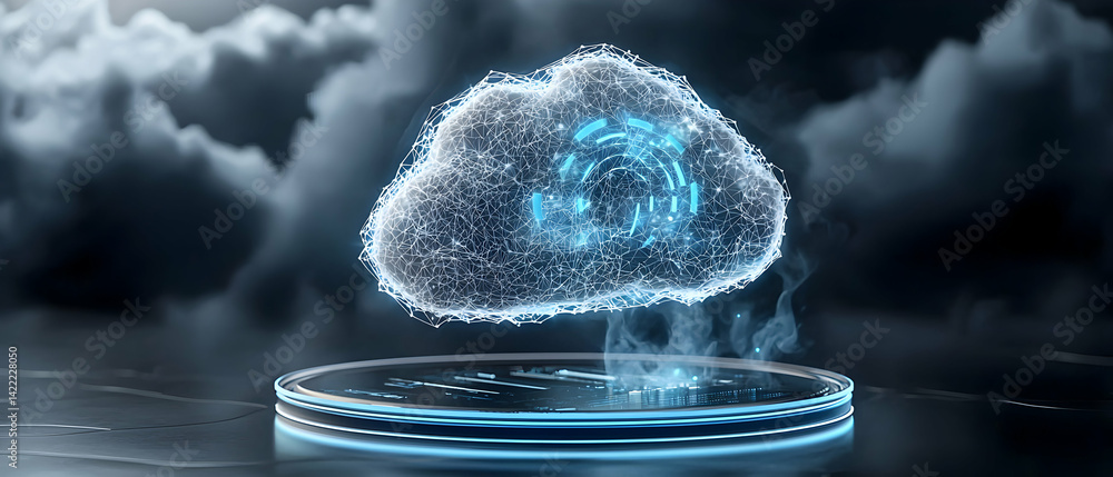 Poster a futuristic cloud computing concept. a digital cloud is floating above a platform. great for showca