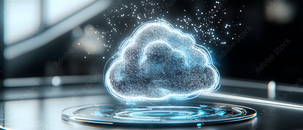 Poster a futuristic digital cloud concept with glowing lines and particles on a dark background. ideal for 