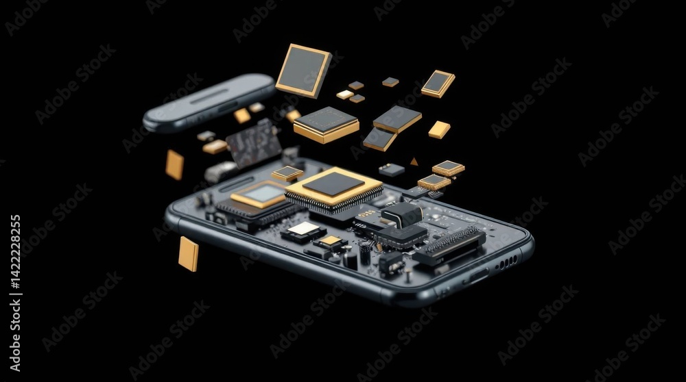 Poster exploded view of smartphone showcasing internal components and technology