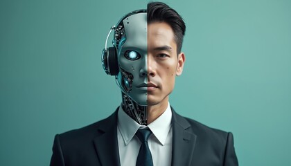 Portrait man merging with robot, fusion of human-tech. Cyborg concept, half human half machine, futuristic design. Artificial intelligence, new tech, high-tech future.