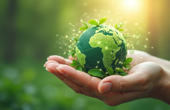 Hand holds a green globe with leaves and network connections. Earth planet eco concept of ecology, environment, nature, conservation, technology. Sustainable development, global warming, save world.