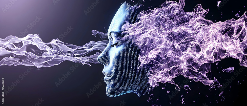 Poster an ai concept illustration featuring a face comprised of binary code. smoke-like ethereal energy ema