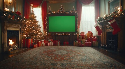 A Classic Christmas Scene: Festive Living Room with Fireplace, Decorated Tree, and Presents