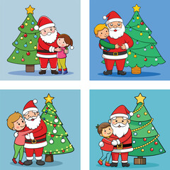 Santa Claus Hugging Kids Near Decorated Christmas Tree Vector Illustration