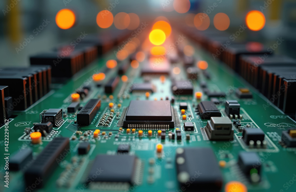 Poster illustration of modern electronic equipment. high-tech computer motherboard with microchips. digital