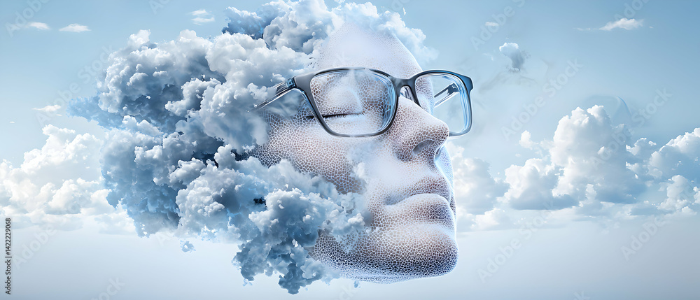 Poster a surreal artwork featuring a face dissolving into clouds. evokes themes of thought dreams and perce