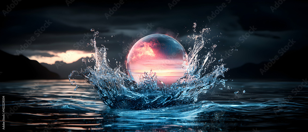 Poster a stunning visual showcasing a sphere erupting from water creating intricate splashes. ideal for sci