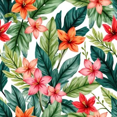 Fototapeta premium Watercolor floral pattern with vibrant flowers and lush green leaves. Tropical botanical design, suitable for fabric, textile, wallpaper, greeting cards. Summer spring nature background.
