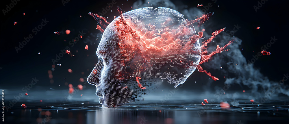Aufkleber a digital head explodes with fiery energy. illustrates brain activity or the mind's power. could be 