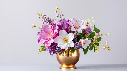 Fototapeta premium Elegant Brass Vase Arrangement with Purple, Pink, and Silver Flowers