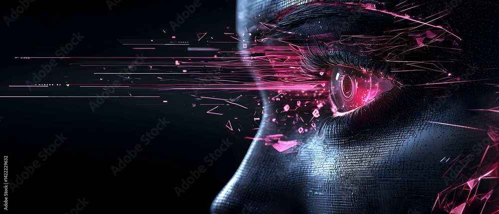 Poster cybernetic eye emitting data streams in a futuristic setting. depicts advanced technology and artifi