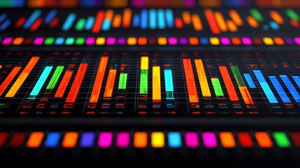 Abstract Colorful Data Visualization with Glowing Bars and Grid Lines on a Dark Background.