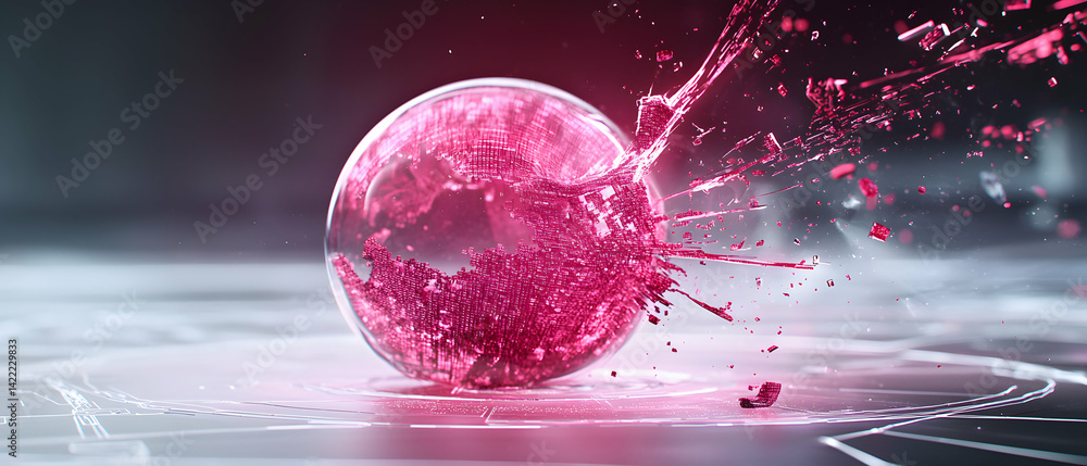 Poster a pink orb shatters revealing a digital grid symbolizing destruction or transformation. ideal for te
