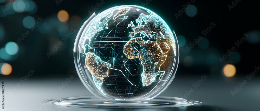 Poster a digital globe showcasing global networks. it's a symbol of interconnectedness and data flow applic