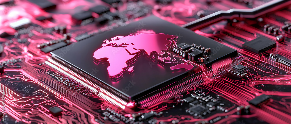 Poster a close-up of a computer circuit board with a world map design integrated suggests advanced global c