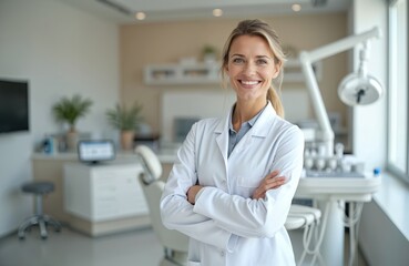 Smiling dentist woman in uniform stands arms crossed in modern dental office. Happy doctor in white coat. Healthcare specialist. Pro medical worker in clinic environment.