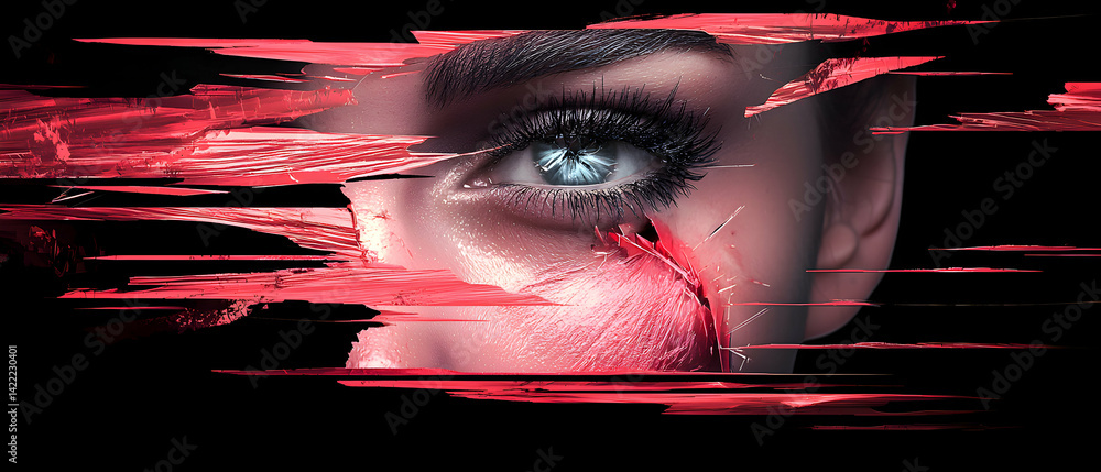 Poster an abstract image featuring a close-up of an eye with striking red graphic elements. perfect for alb