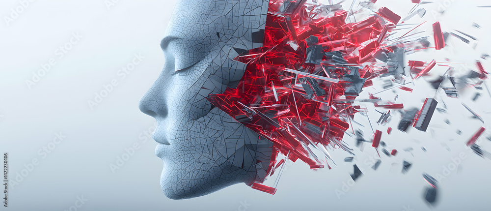 Poster an artistic depiction of a face fragmenting into shards. it represents internal turmoil or breaking 