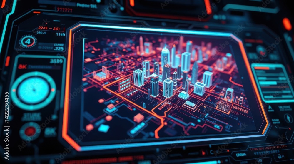 Aufkleber futuristic city interface displaying a digital city blueprint and data