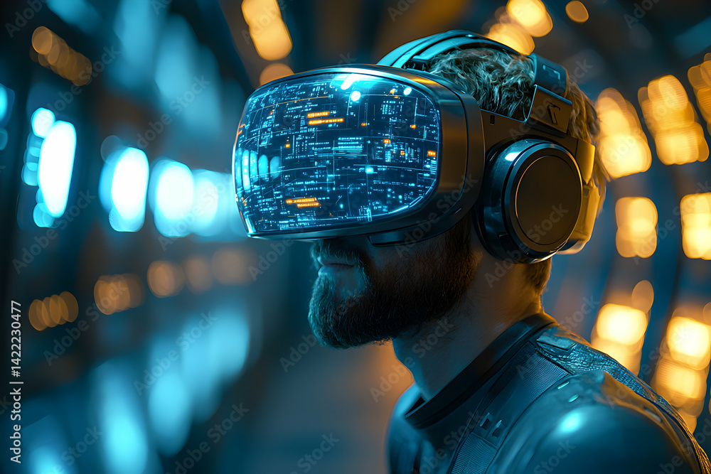 Poster a man wearing futuristic vr glasses in a tech environment. this image can be used for illustrating c