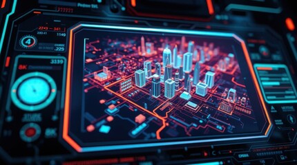 Futuristic city interface displaying a digital city blueprint and data
