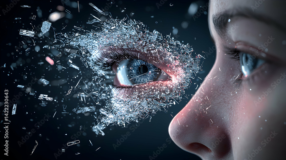 Poster An eye disintegrates into shattered glass creating a surreal visual effect. Symbolizes fragility or a breaking point. Perfect for artwork themes or abstract concepts.